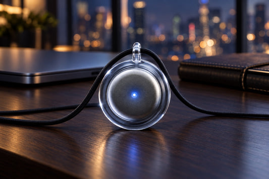 Omi pendant on an office desk next to a laptop