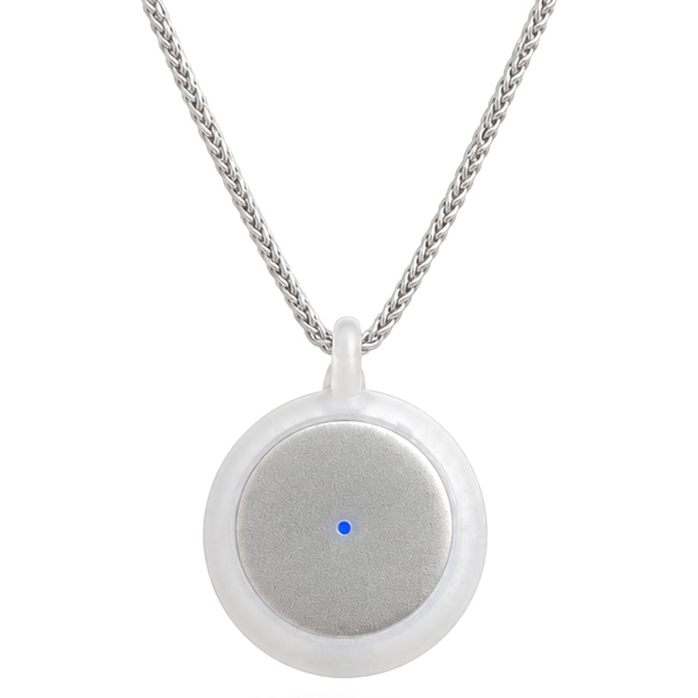 Omi AI pendant: frosted white case on a silver chain