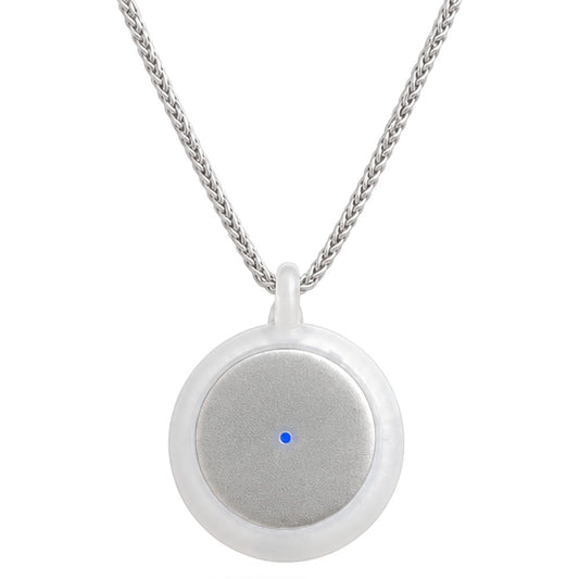 Omi AI pendant: frosted white case on a silver chain